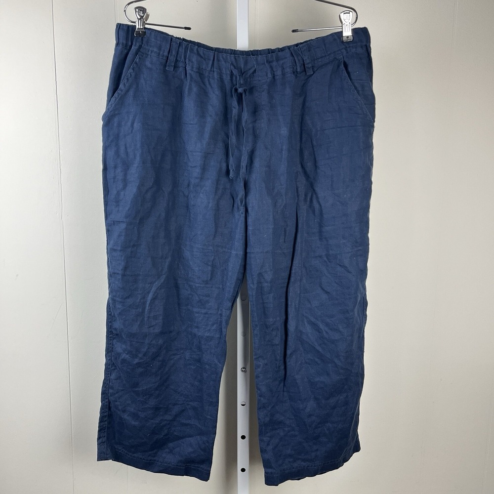 Allen Allen Cropped‎ Pants Navy Blue 100% Linen Wide Leg Womens XL